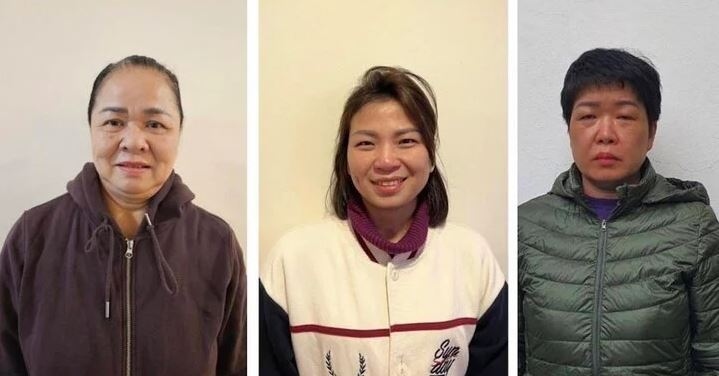 Từ trái qua: Bị can Trần Tuyết Mai, Lê Thị Huệ, Nguyễn Thị Ngọc Ánh. Ảnh: Bộ Công an