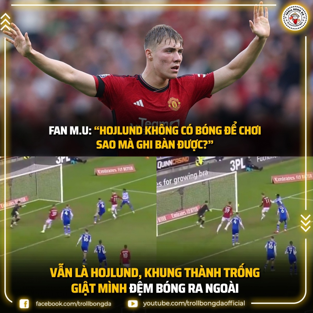 Hojlund vẫn chưa hết vô duyên trong màu áo MU. (Ảnh: Troll Bóng đá). 