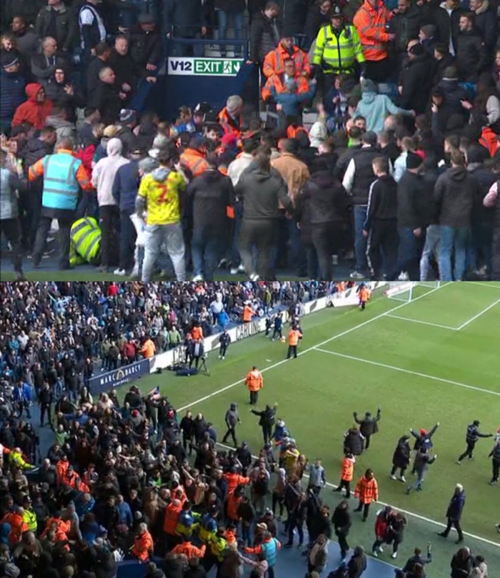 Vụ bạo loạn khiến trận đấu giữa West Brom và Wolves bị gián đoạn hơn 30 phút. (Ảnh: The Sun)