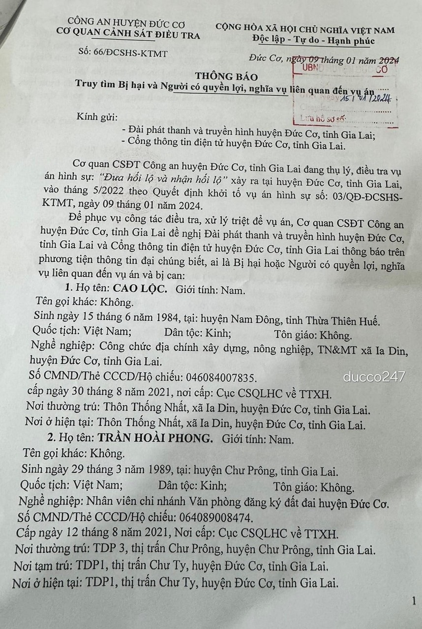 Công an huyện Đức Cơ phát đi thông báo để tìm người bị hại liên quan đến vụ án