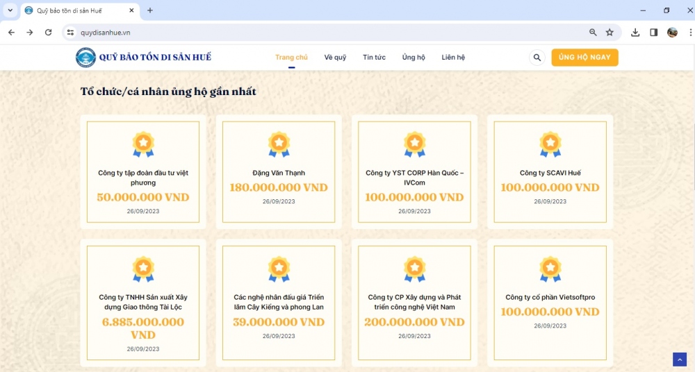 Công khai danh sách tổ chức, cá nhân ủng hộ Quỹ Di sản Huế