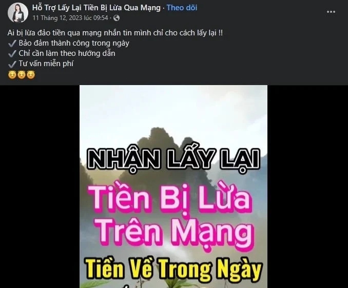 Bài đăng dịch vụ lấy lại tiền bị lừa đảo qua mạng.