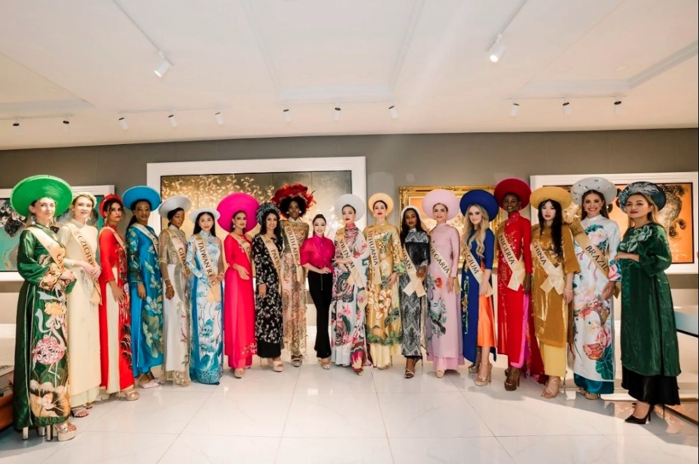 Miss Global finalists donning an Ao Dai (Vietnamese traditional long dress) come together to pose for a glamshot photoshoot in Ho Chi Minh City in early January.