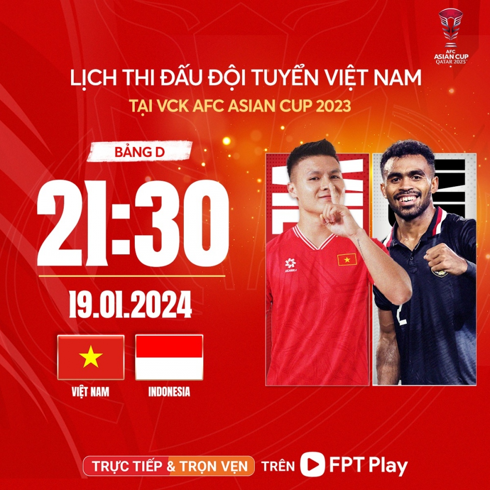 ĐT Việt Nam - ĐT Indonesia diễn ra lúc 21h30 ngày 19/1 (Ảnh: FPT Play)