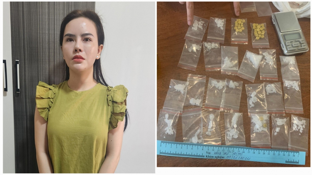 Kiều Thị Loan Em (SN 2000) và hàng chục bịch nylon bên trong có chứa các hạt tinh thể màu trắng và nhiều viên nén nghi là ma túy tổng hợp.