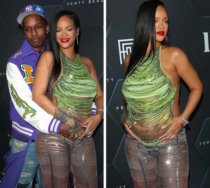 Rihanna cùng trang phục bầu không đụng hàng đến từ thương hiệu The Attico. Phần lớn kết cấu của bộ trang phục này được làm từ những sợi dây sequin lấp lánh đan kết lại với nhau, ôm sát lấy cơ thể đầy đặn của nữ ca sĩ tạo nên vẻ gợi cảm. Những bộ trang phục bầu của Rihanna không chỉ rất thời thượng, đó còn là một cuộc cách mạng của thời trang bầu. Sự xuất hiện của Rihanna ở lần mang thai đầu tiên vào năm ngoái đã gây ra “cơn địa chấn”. Trang web Bustle mô tả phong cách bầu của cô là “sự nổi loạn”. Với cách sáng tạo táo bạo, cô thay đổi diện mạo của thời trang bầu, bất chấp các quy ước. Ở nơi nào có hiện diện của Rihanna, từ các sự kiện hay tại Tuần lễ Thời trang, trang phục của cô chỉ nhằm tôn vinh “chiếc bụng mỗi ngày một lớn”. 