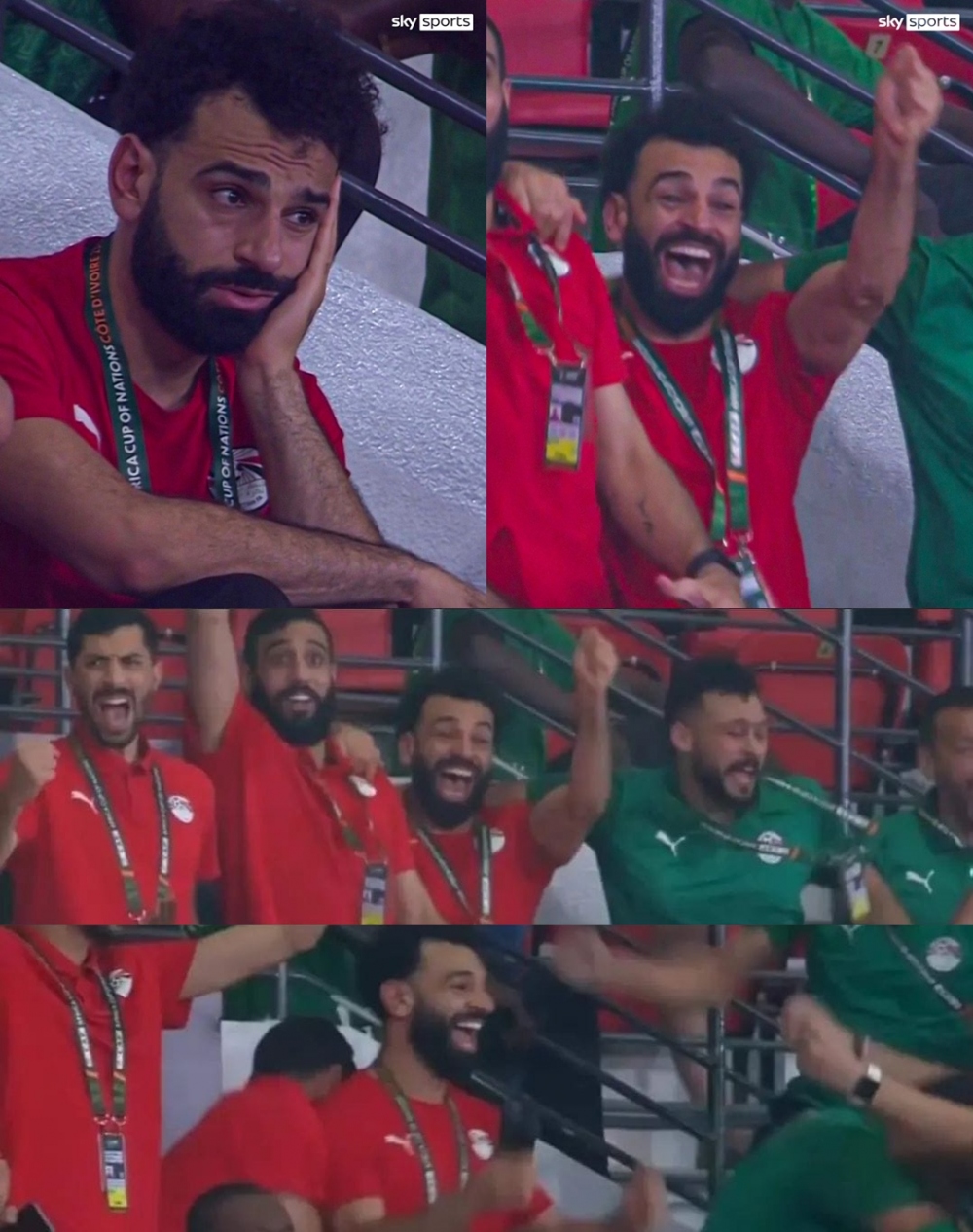 Mohamed Salah buồn bã khi Ai Cập bị Cape Verde dẫn trước rồi "phát cuồng" khi đội nhà vượt qua vòng bảng AFCON 2023. (Ảnh: Chụp màn hình)