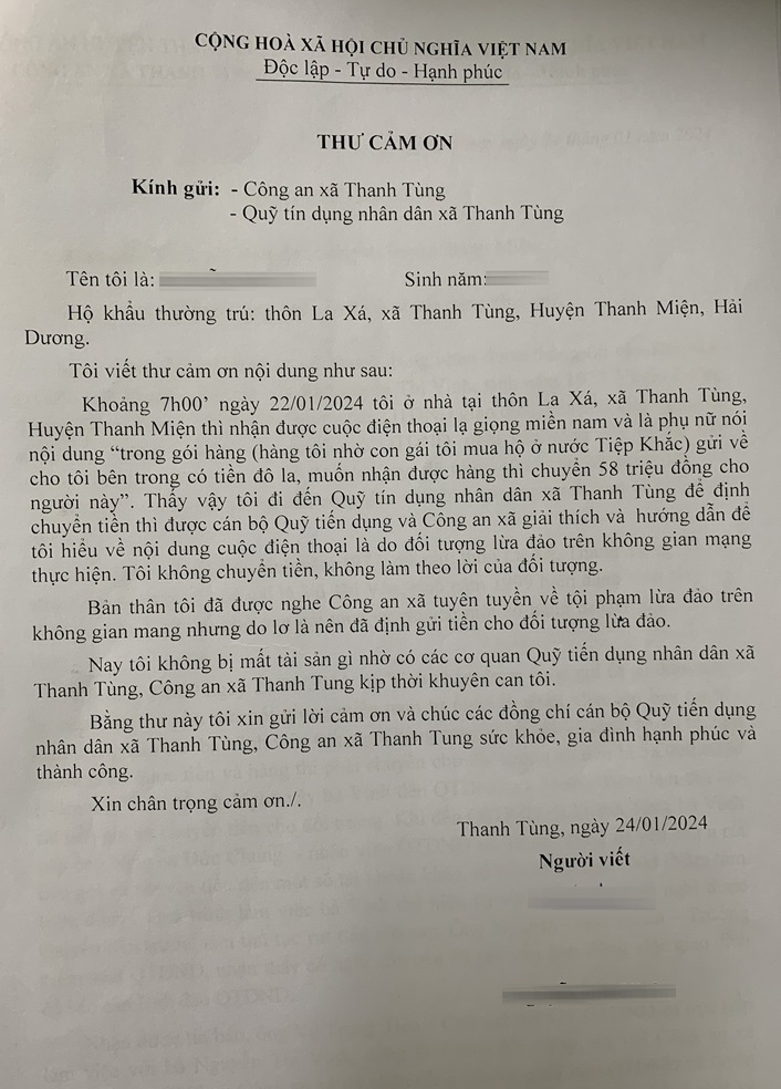 Thư cảm ơn của bà N.T.V.