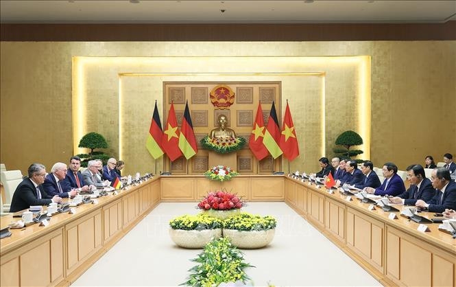 Thủ tướng Phạm Minh Chính hội kiến Tổng thống Đức Frank-Walter Steinmeier (Ảnh: TTXVN)