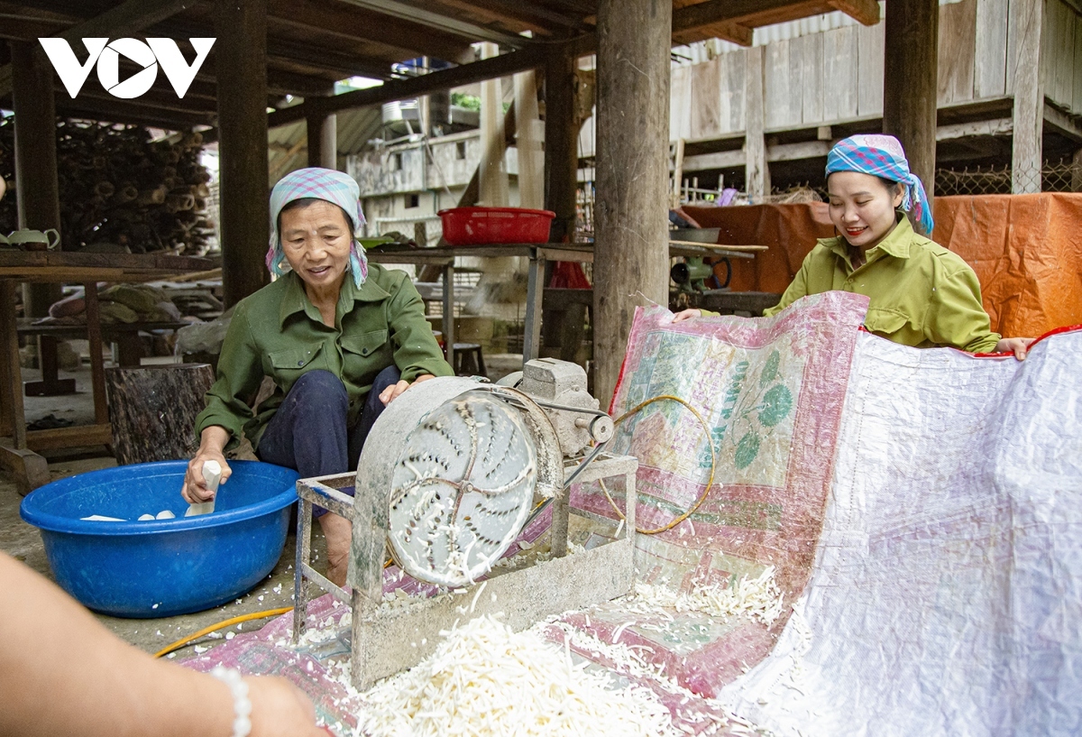 To make the cake, local villagers shred cassava roots, cook them with sticky rice, puree and mix them with other seasoning ingredients.