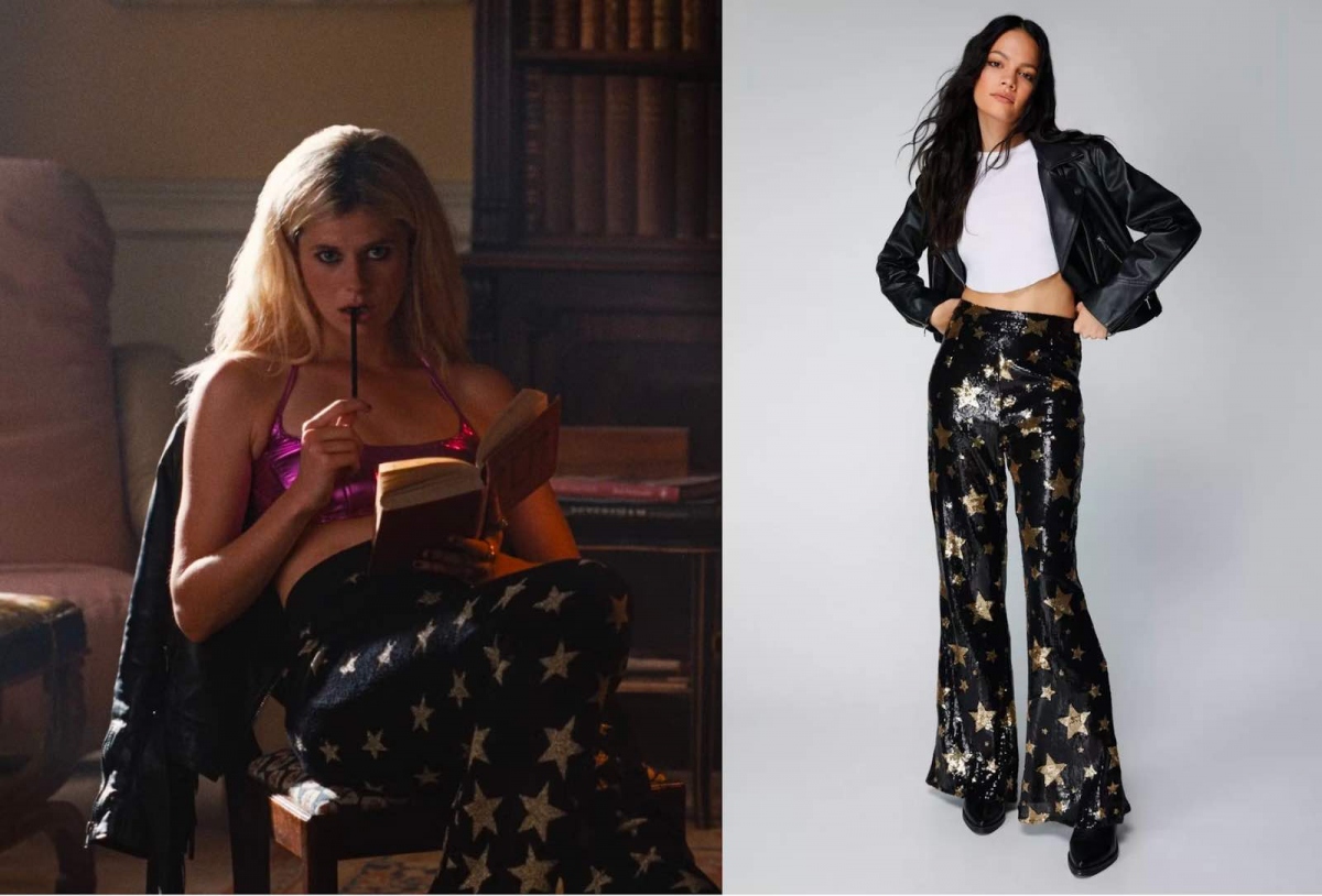 Nhắc đến Venetia (do Alison Oliver thủ vai) là nhắc đến kim tuyến, da bóng, sequins, tua rua… Vẻ ngoài quyến rũ cộng với gu ăn mặc nổi bật Venetia trong “Saltburn” như một ngôi sao nhạc pop thập niên 2000.
Một trong những bộ đồ thể hiện rõ nhất cá tính ăn mặc của Venetia là khi cô kết hợp chiếc quần ống loe cạp cao phủ đầy những ngôi sao vàng với chiếc bra bóng màu hồng tím.
