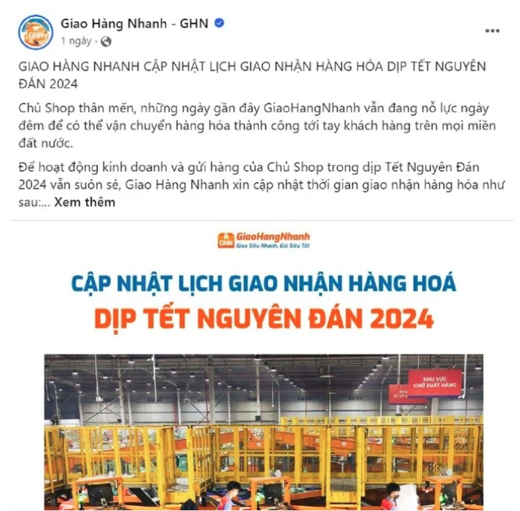 Thông báo lịch ngừng nhận đơn hàng dịp Tết Nguyên đán 2024 của hãng Giao hàng Nhanh. (Ảnh chụp màn hình)