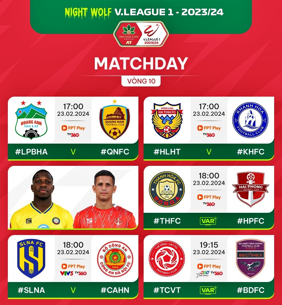 Lịch thi đấu các trận đấu vòng 10 V-League 2023/2024.