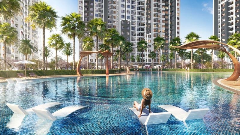 Không gian “thiên đường nhiệt đới” được tái hiện sống động tại The Miami (Vinhomes Smart City) với hồ bơi Tropical Palm 1.000m2 cùng hàng cọ Mỹ xanh mướt