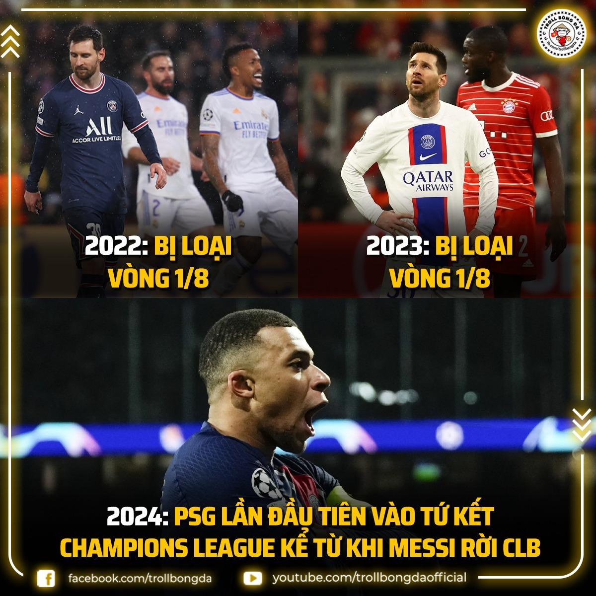 PSG tiến xa hơn ở Champions League khi chia tay Lionel Messi. (Ảnh: Troll Bóng Đá)