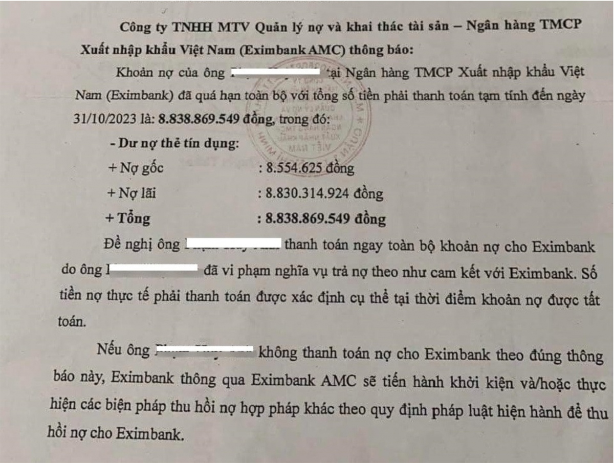 Thông báo của Eximbank nêu rõ khoản gốc hơn 8,5 triệu đồng và tổng dư nợ hơn 8,8 tỷ đồng
