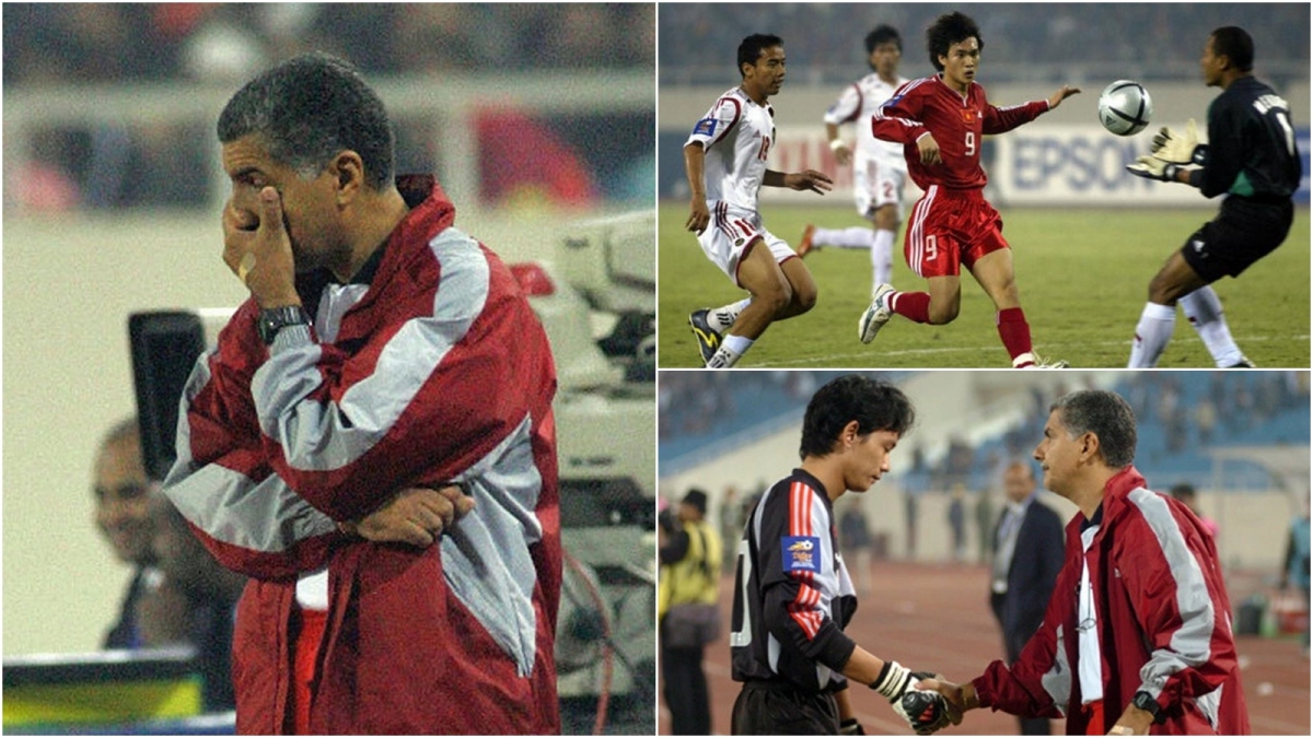 HLV Edson Tavares "bay ghế" ngay sau trận ĐT Việt Nam thua ĐT Indonesia 0-3 ở vòng bảng AFF Cup 2004. (Ảnh: Getty)