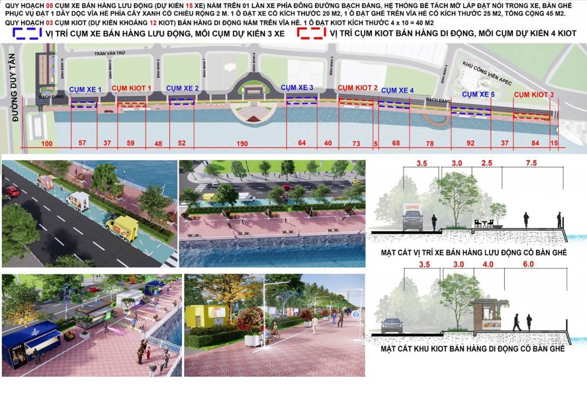 Phối cảnh bố trí xe bán hàng lưu động và ki-ôt trên phố đi bộ