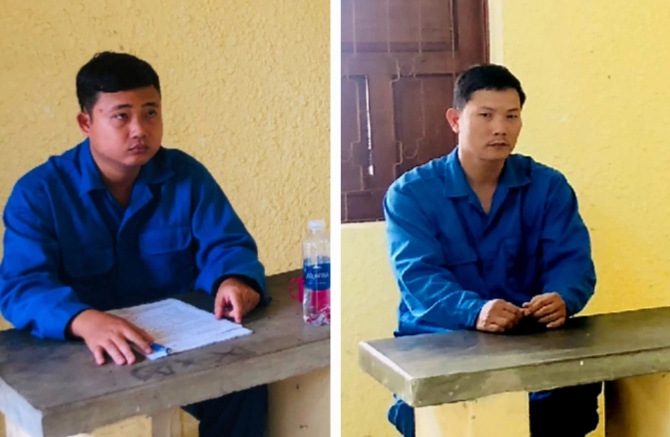 Huỳnh Chí Linh và Nguyễn Mậu Văn tại cơ quan điều tra (Ảnh: Công an cung cấp).
