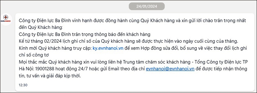 Thông báo thay đổi ngày chốt số công tơ điện của EVNHANOI gửi tới các khách hàng
sử dụng điện từ ngày 24/1