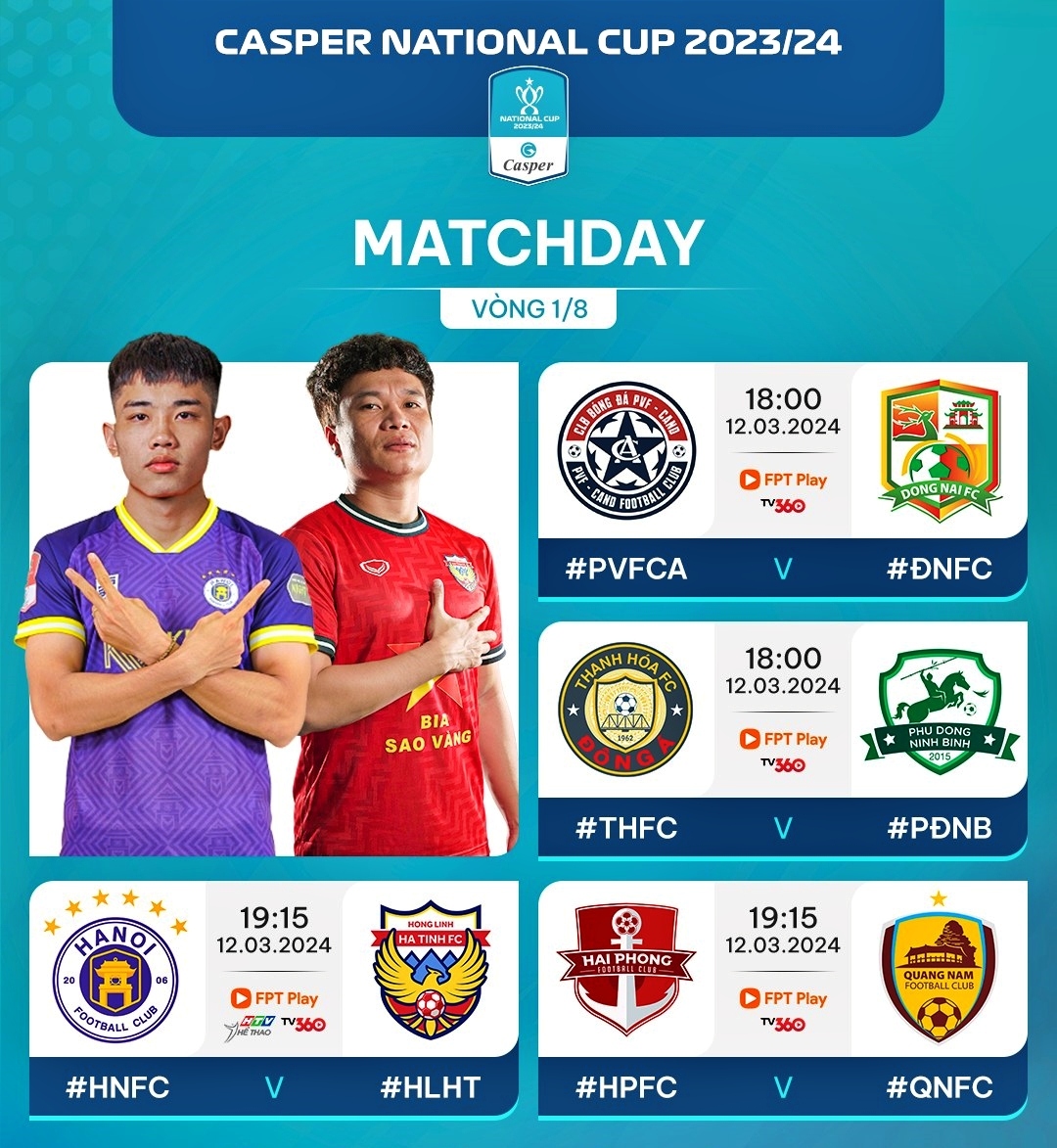 Lịch thi đấu và trực tiếp các trận đấu vòng 1/8 Cúp Quốc gia 2023/2024 diễn ra hôm nay 12/3.