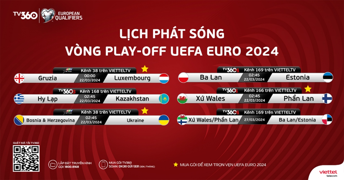 Theo dõi các trận đấu kịch tính của vòng play-off tranh 3 suất còn lại tham dự
Chung kết UEFA EURO 2024 trọn vẹn trên TV360