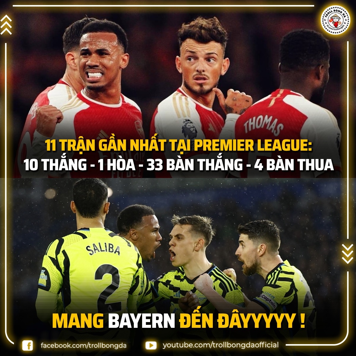 Arsenal sẽ "phá dớp" Bayern Munich ở Cúp C1 châu Âu. (Ảnh: Troll Bóng Đá)