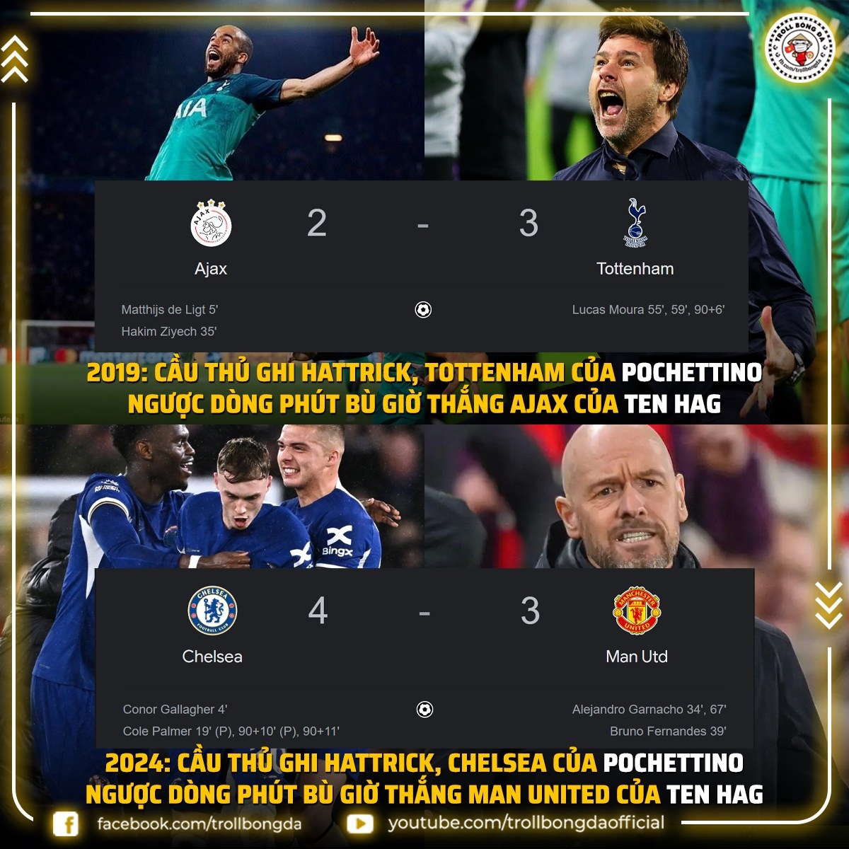 Ten Hag lại ôm hận phút cuối trước Pochettino. (Ảnh: Troll Bóng Đá)