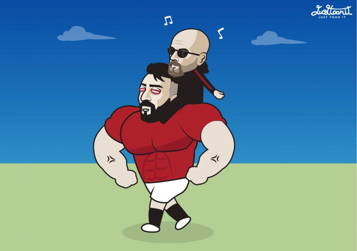 Bruno Fernandes "còng lưng gồng gánh" MU và HLV Erik Ten Hag. (Ảnh: Just Toon It)