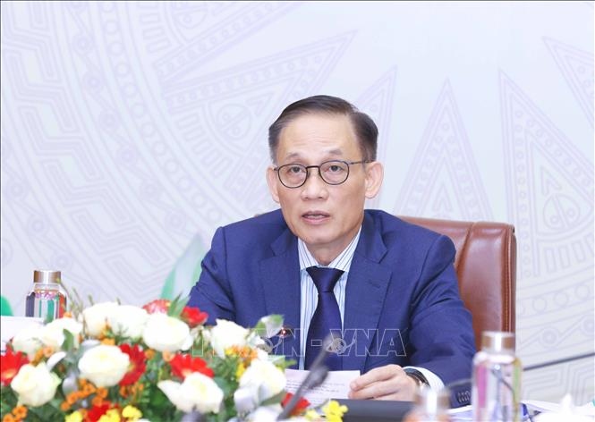 Trưởng Ban Đối ngoại Trung ương Lê Hoài Trung phát biểu tại hội đàm trực tuyến. Ảnh: Phương Hoa/TTXVN