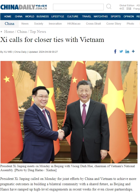 Bài viết về cuộc hội kiến giữa Chủ tịch Quốc hội Vương Đình Huệ và Chủ tịch Trung Quốc Tập Cận Bình trên China Daily