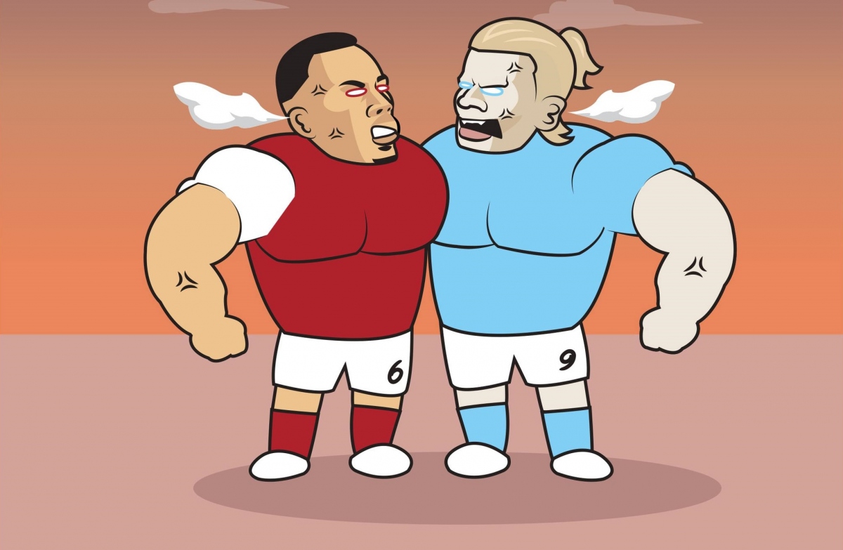 Erling Haaland bị Gabriel khóa chặt trong trận đại chiến ở Etihad. (Ảnh: Just Toon It)