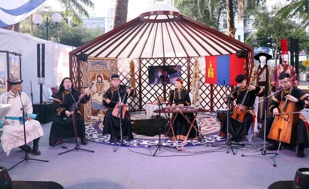 Mongolian artists perform at the pavilion of their country at the HCM City Tourism Festival 2024.