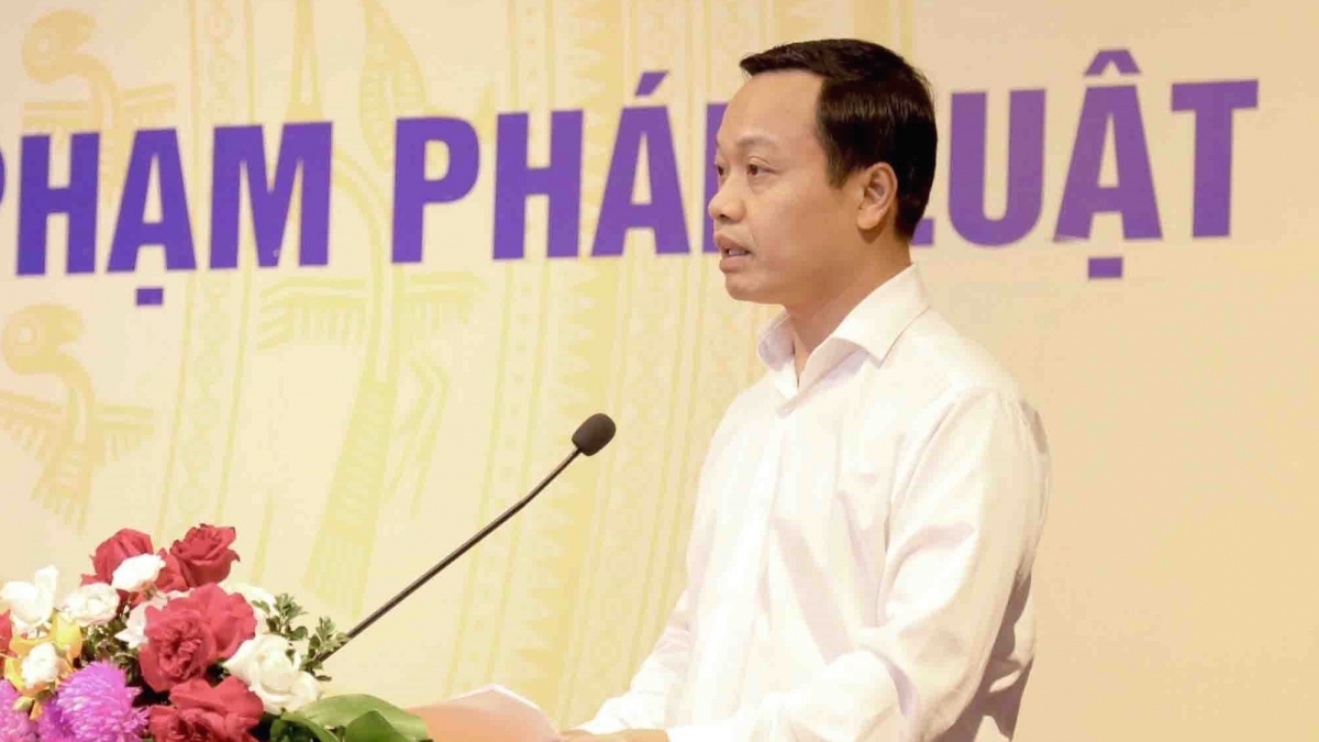 Thứ trưởng Bộ Tư pháp Trần Tiến Dũng phát biểu tại hội nghị