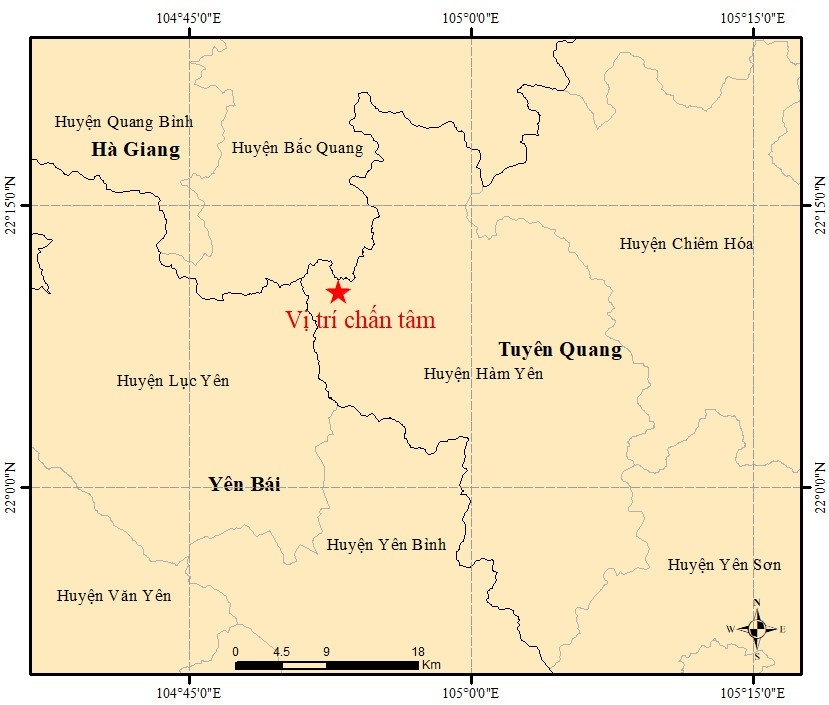 Tâm chấn trận động đất chiều nay ở Tuyên Quang.