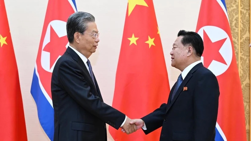 Ủy viên trưởng Nhân Đại toàn quốc Trung Quốc Triệu Lạc Tế (trái) và Chủ tịch Ủy ban Thường vụ Hội đồng Nhân dân Tối cao (Quốc hội) Triều Tiên Choe Ryong Hae. (Ảnh: THX)