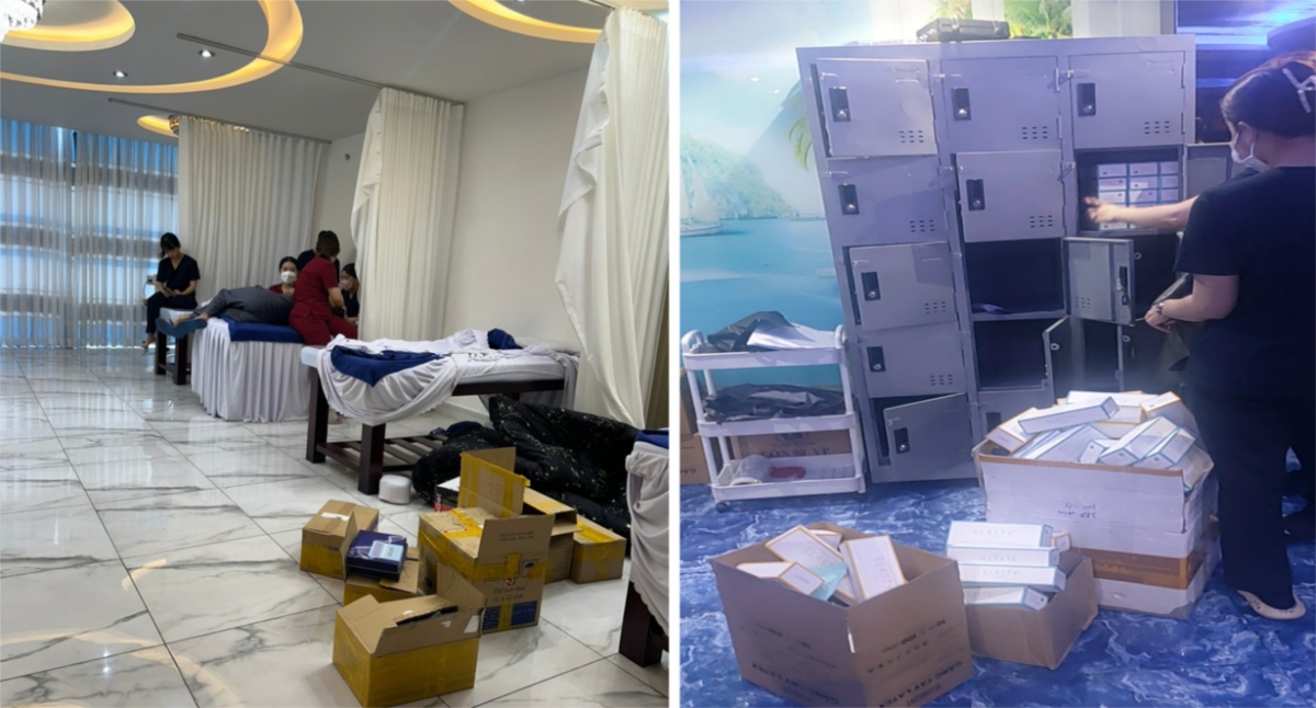 Nhân viên và các dụng cụ, vật tư… phục vụ cho kỹ thuật “tăng size cậu nhỏ” tại hộ kinh doanh “UCI INTERNATIONAL” (ngày 15/4/2024) (Ảnh Sở Y tế)