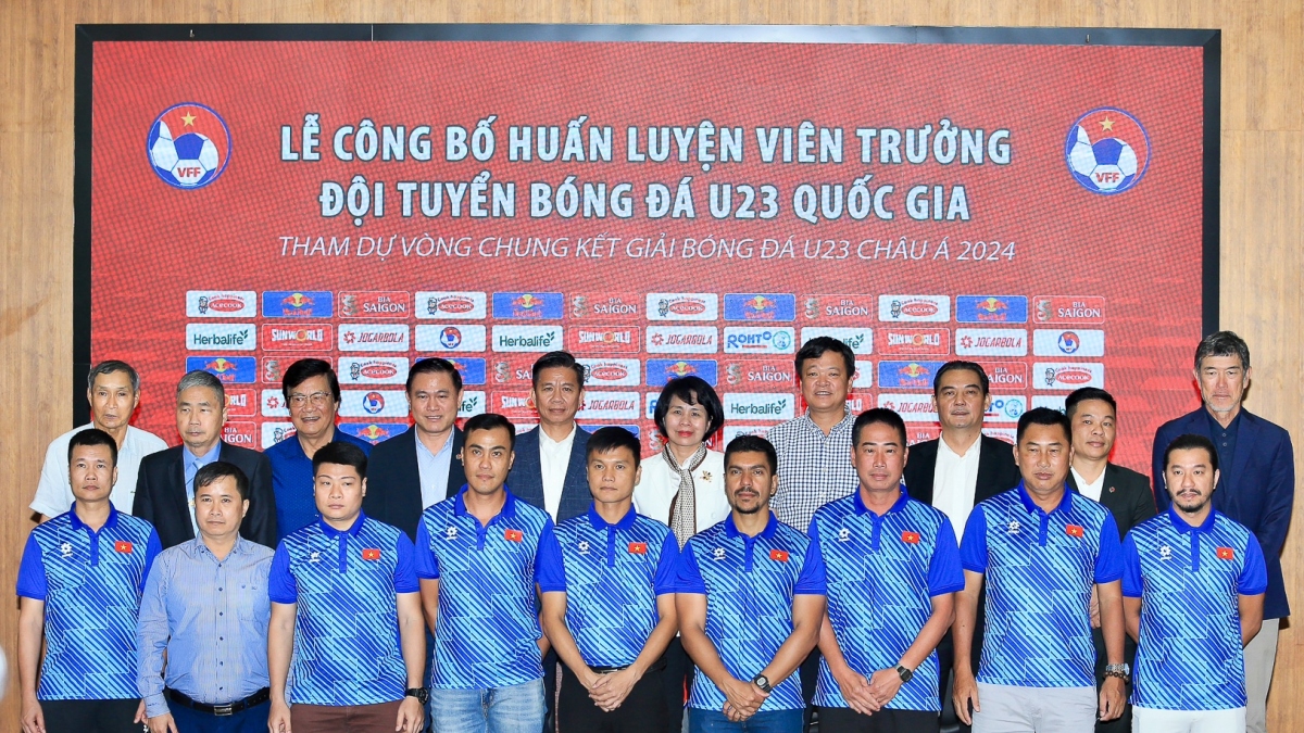 Ra mắt ban huấn luyện U23 Việt Nam tham dự VCK U23 châu Á 2024. (Ảnh: VFF)