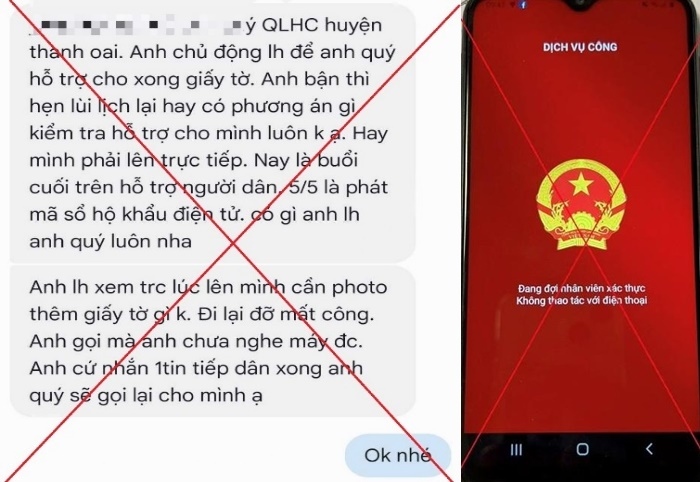 Tin nhắn giả mạo cán bộ Công an huyện Thanh Oai yêu cầu cập nhật và Phần mềm dịch vụ công giả mạo