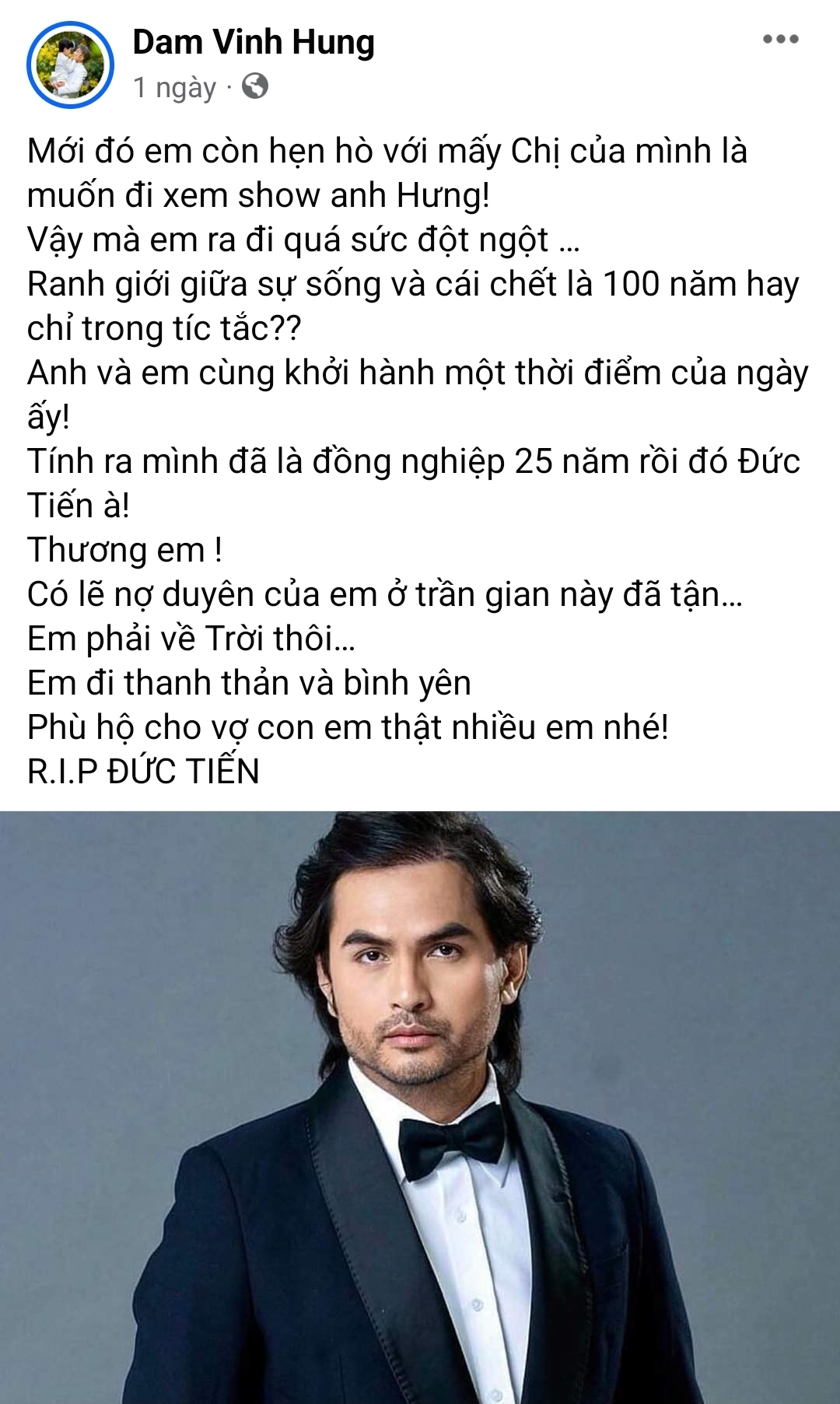 Đàm Vĩnh Hưng đau buồn trước sự ra đi của đồng nghiệp