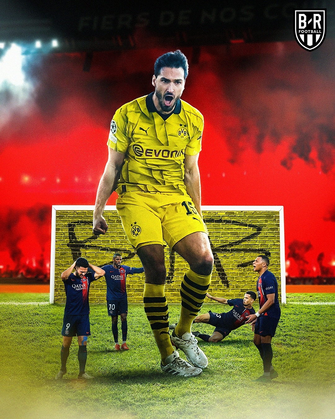 Các ngôi sao của PSG bất lực trước “người khổng lồ” Mats Hummels. (Ảnh: Bleacher Reports)