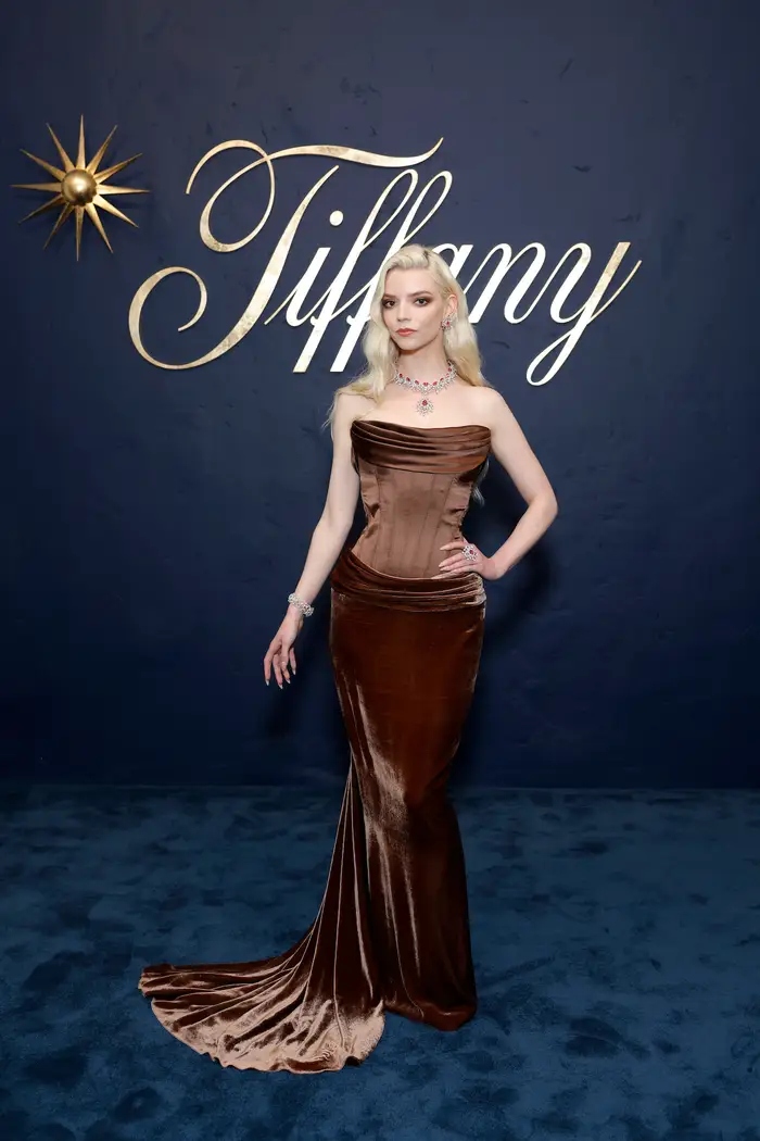 Trong buổi ra mắt Blue Book của Tiffany &amp; Co. ở Beverly Hills tháng 4/2024, Anya Taylor-Joy mang đến vẻ đẹp ngọt ngào trong chiếc váy maxi nhung màu nâu của Hamda Al Fahim. Cô phối chiếc váy lộng lẫy cùng bộ trang sức kim cương mùa bạc và hồng của Tiffany &amp; Co.