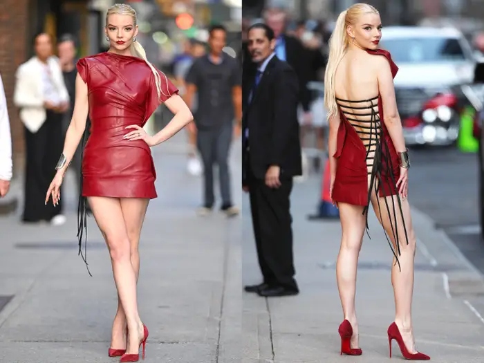 Trong lịch trình quảng bá cho bộ phim "Furiosa: A Mad Max Saga" tại New York, Anya Taylor-Joy khoác lên mình chiếc váy ngắn màu đỏ của Mugler, giày cao gót đỏ Christian Louboutin và chiếc vòng tay bản to màu bạc Tiffany &amp; Co. x Elsa Peretti.