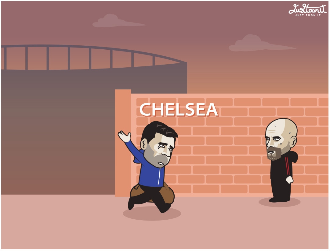 HLV Erik Ten Hag “run sợ” trước viễn cảnh bị MU sa thải sau khi nhận tin người đồng nghiệp Pochettino bị Chelsea chấm dứt hợp đồng. (Ảnh: Just Toon It)