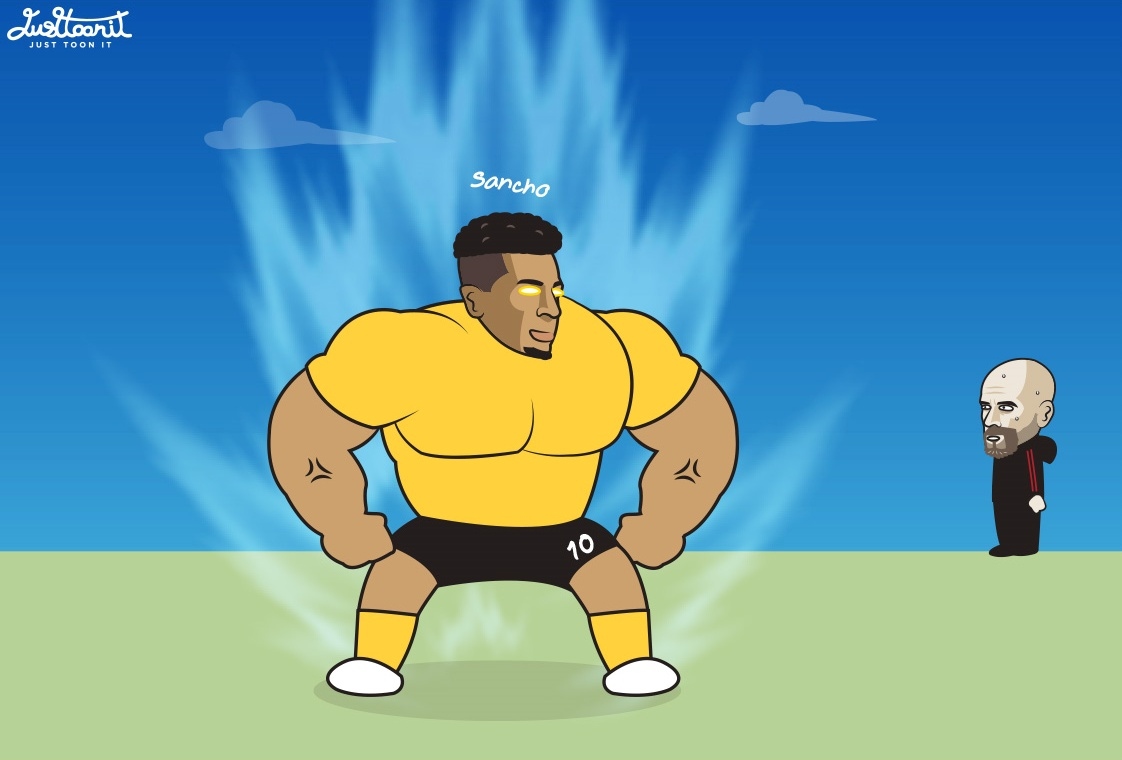 Phong độ "hủy diệt" của Jadon Sancho "xát muối" vào tim HLV Erik Ten Hag. (Ảnh: Just Toon It)