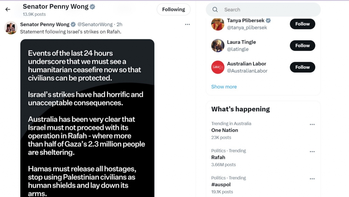 Nội dung bài đăng trên mạng xã hội X của Ngoại trưởng Australia Penny Wong