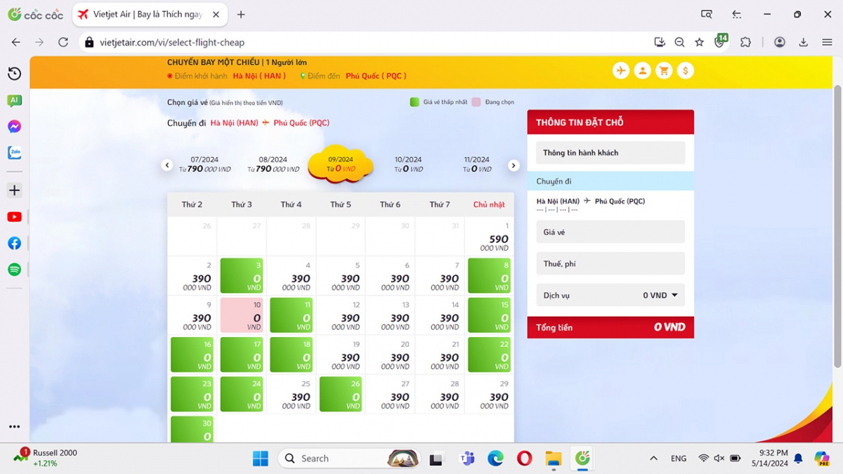 Vé 0 đồng được mở bán nhiều cho chặng bay Hà Nội - Phú Quốc - Ảnh chụp màn hình