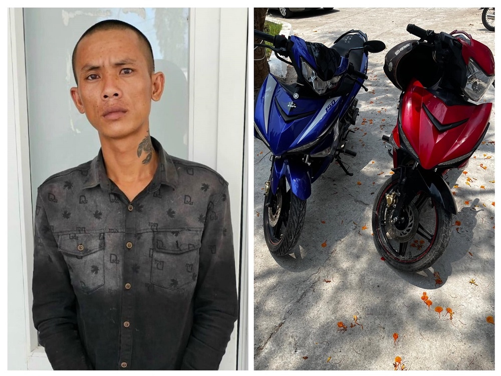 Đối tượng Phạm Thái Sơn và 2 xe mô tô mà Sơn đã trộm cắp. (Ảnh: CANT)