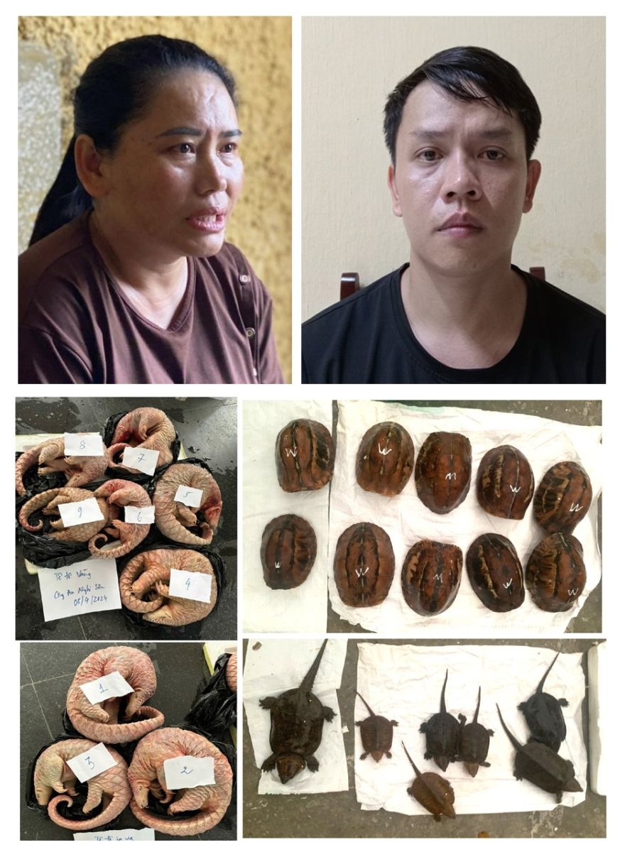 Đối tượng Tống Thị Lành (trái) và đối tượng Phan Quốc Vương cùng tang vật thu giữ