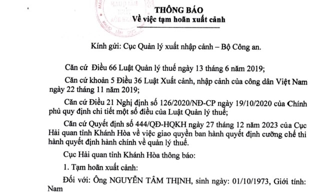 Ông Nguyễn Tâm Thịnh bị Cục Hải quan Khánh Hòa tạm hoãn xuất cảnh